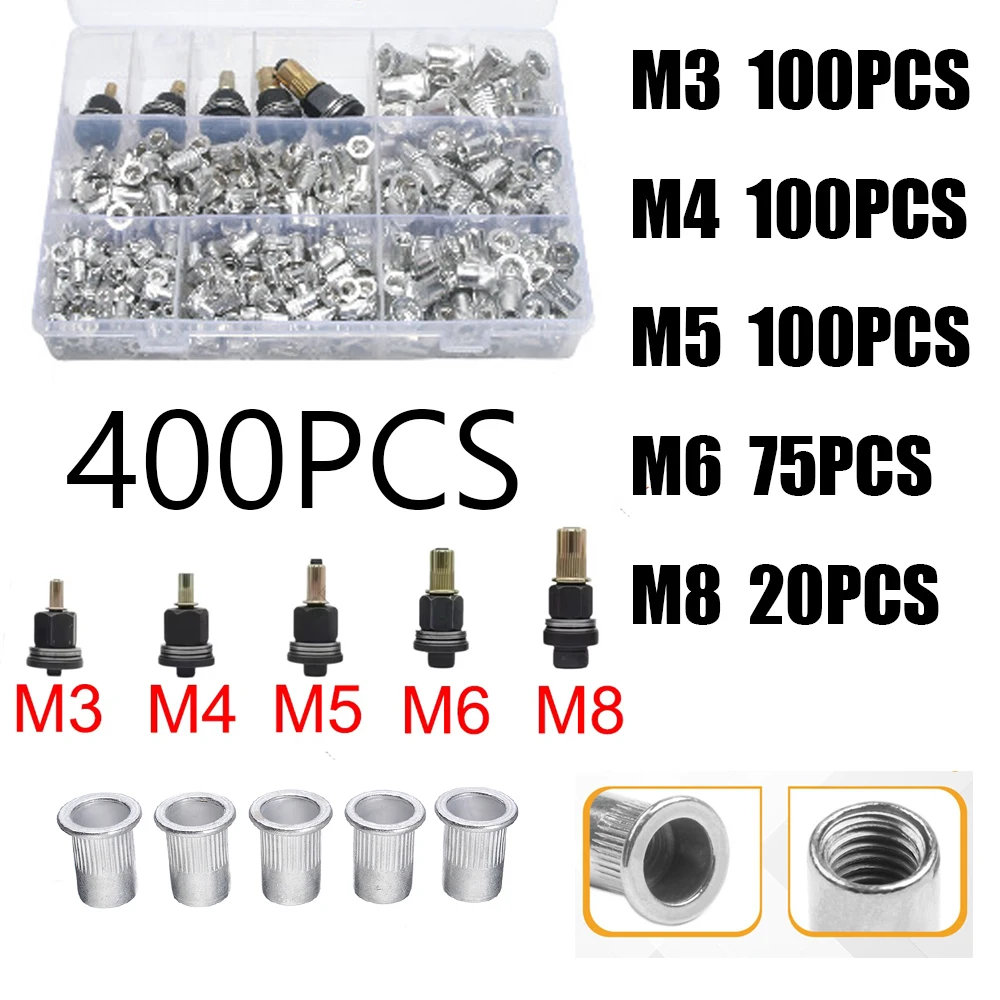400-Piece Aluminum Nut Set Slotted Flat-Head Threaded Inserts Automotive Body Repair Furniture Fasteners Hand Tools