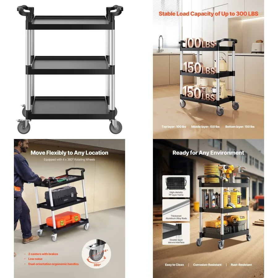 Chariot utilitaire robuste, capacité de 300 lb, chariot Servi à 3 niveaux avec roulettes