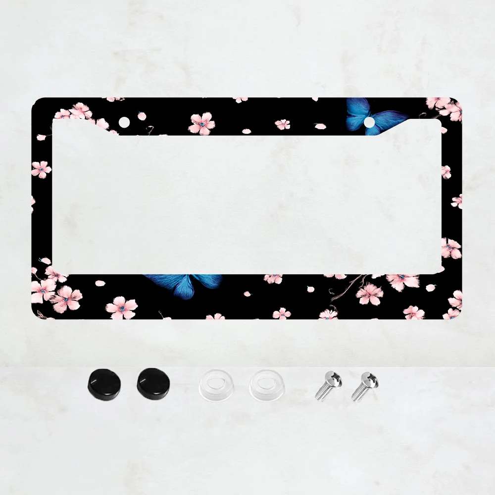 

1 шт. рамка для номерного знака с 2 отверстиями, черная с розовыми цветами и синими бабочками, алюминиевая, 6x12 дюймов, с винтами.