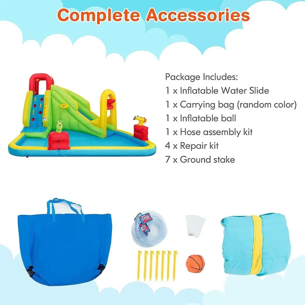 Scivolo d'acqua Iatable, casa da rimbalzo 7 in 1 con 2 diapositive, parete da arrampicata, piscina antispruzzo, bordo da basket, 2 pistole ad acqua, esterno