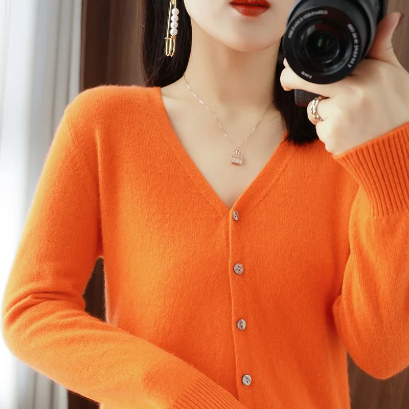 Autumn Winter Women Wool Blend Sweater V-neck Solid Color Cardigan Female Warm Casual Knitted Bottoming Coat Comfortable Tops