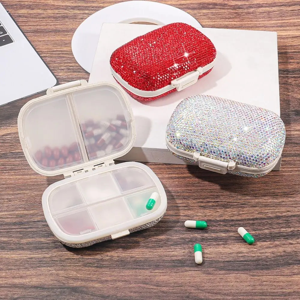 Portapillole bling a 8 scomparti Portapillole di lusso sigillato con strass Contenitore per gioielli da viaggio impermeabile di grande capacità all'aperto