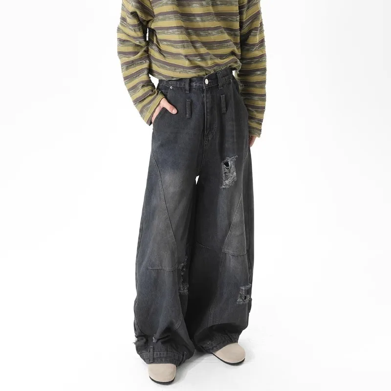 

Mens Deconstructed Washed Ripped Scimitar Jeans Cleanfit Trendy Street American Wide Leg Slacks Vintage Denim Pants