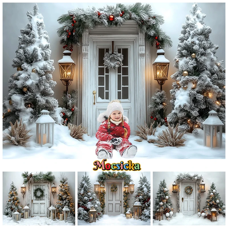 Mocsicka Christmas Background Photography Winter White Snow Door Xmas Tree Backdrops Party Shooting Props Decor Studio Photozone