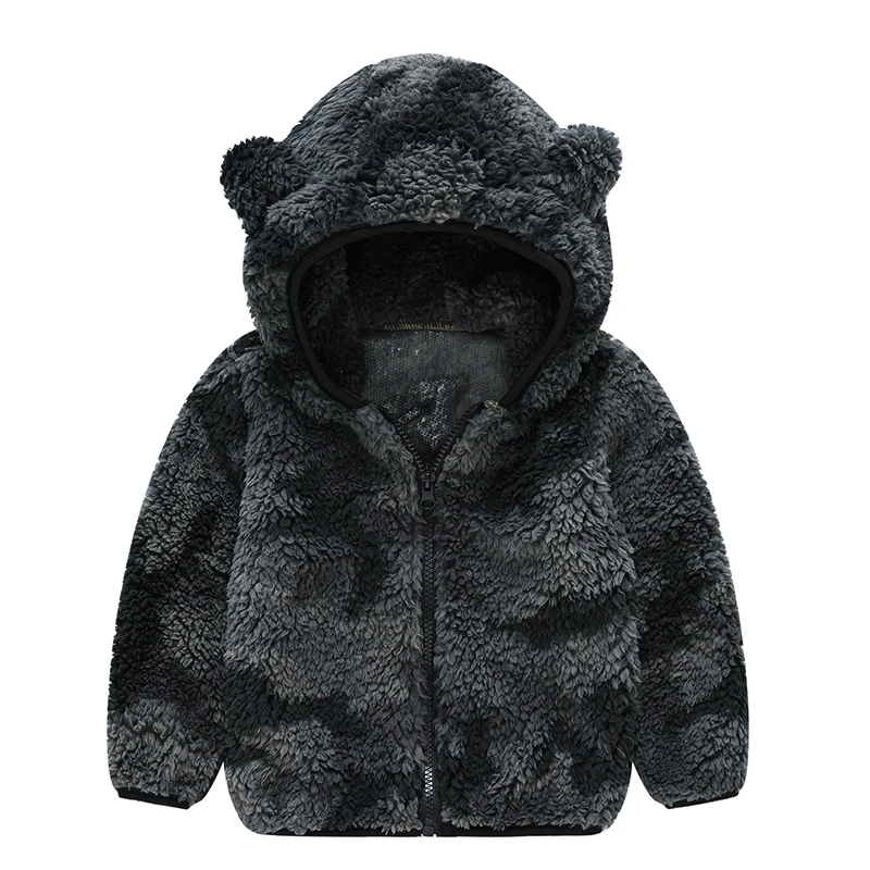 New Plush Boys Jacket Autumn Winter Cute Bear Ears Keep Warm Princess Girls Coat Hooded Zipper Outerwear 1-6 Years Kids Clothes