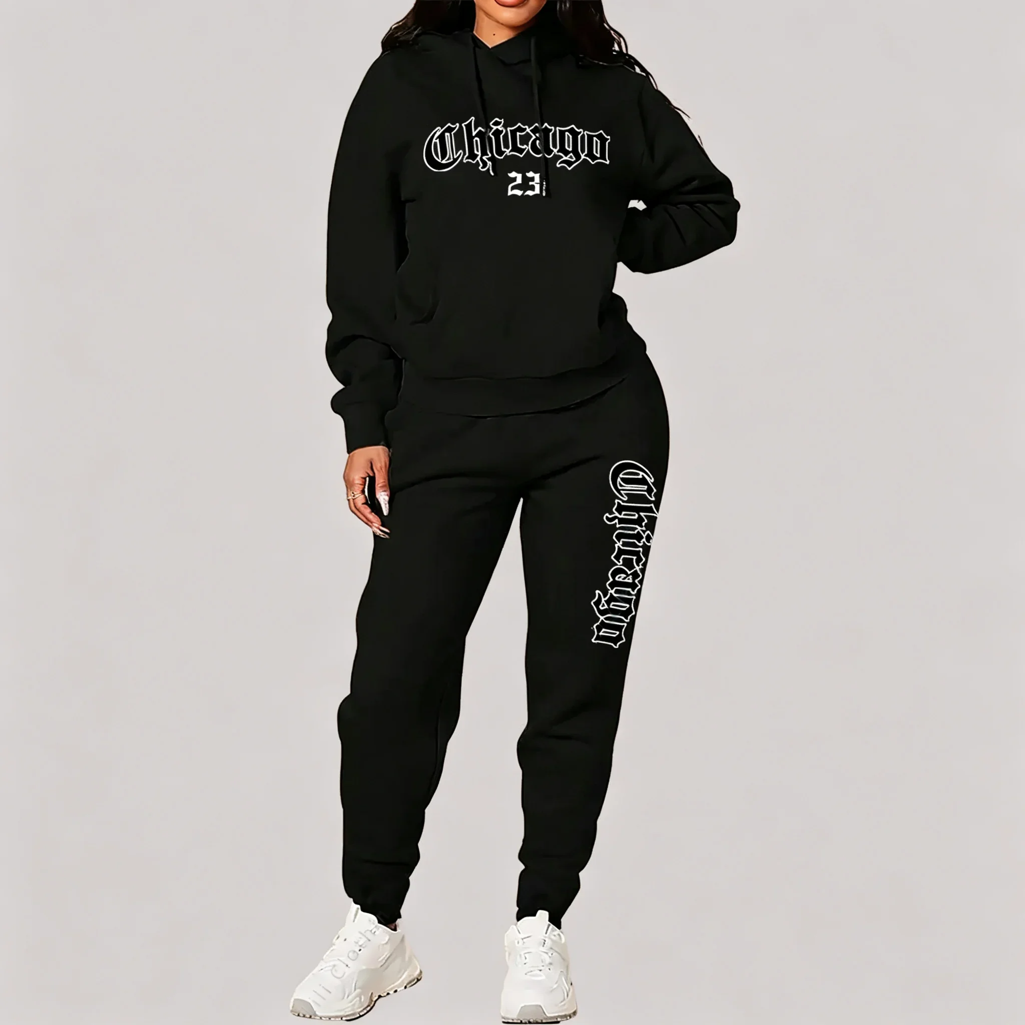 Women's Sets Hoodies Pants 2 Piece Outfits Aesthetic Sportswear Sweatsuit Chicago Graphic Letter Print Plus Size Pink Tracksuit view 3