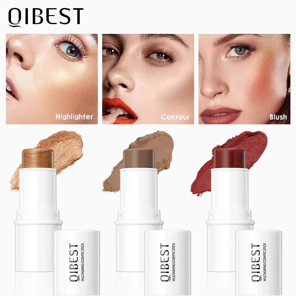 

QIBEST Highlighter Pen For Face Contouring Bronzer Brighten 3D Contour Makeup 3 In 1 Blush Eyeshadow Lipstick Stick For Women