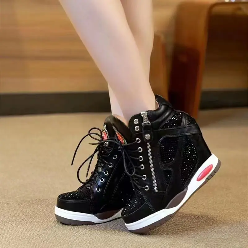 High Top Sneakers Shoes Platform Rhinestone Womens Trainers Wedge Basket 2024 Sparkles Thick Sole Fashion Running Casual Rubber