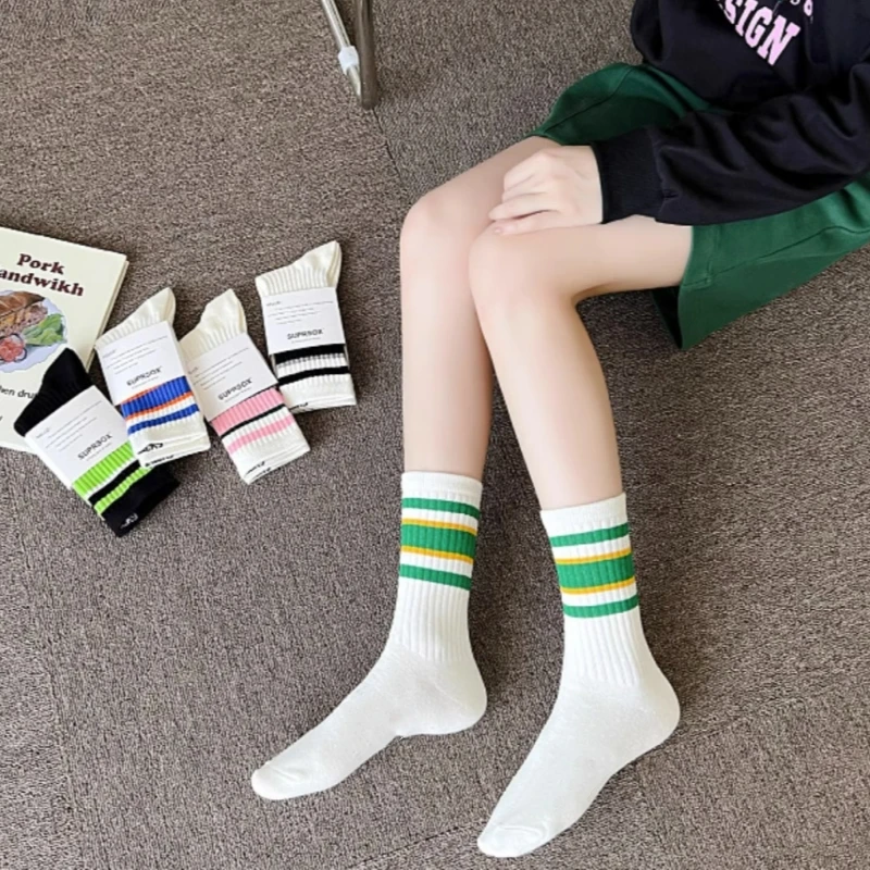 5 Double women and girls Spring and autumn mid-tube socks solid color figure preppy striped street sports cotton socks