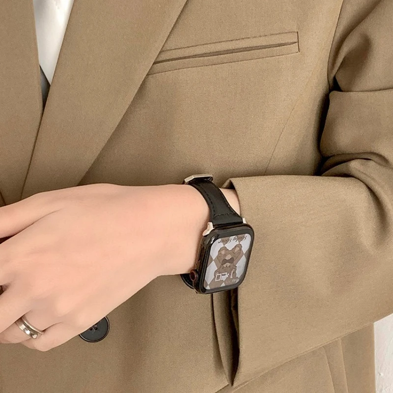 Correa de cuero delgada para Apple Watch 10 46mm 42 44 40 38 45 41mm ultra 2 49mm pulsera iWatch serie 10 9 8 7 6 SE 5 4 Correa