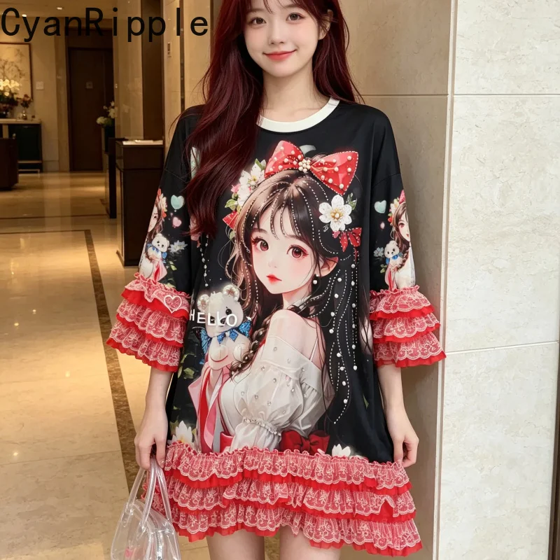 Age Reduction Cartoon Printing Summer Princess Dress Mid-long T-shirt Round Neck Elegant Lace Splicing Half Sleeve Sweet Tops