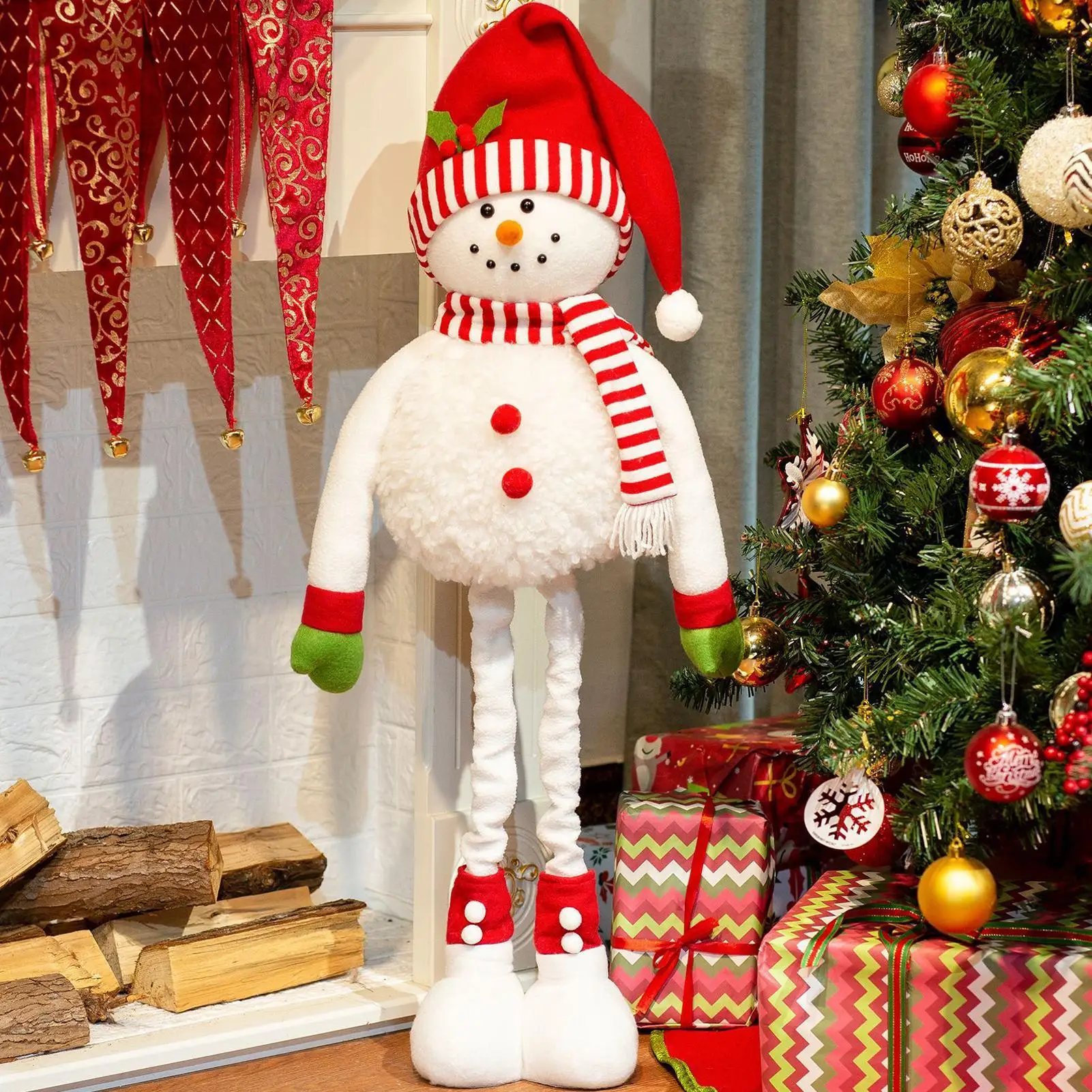 

Standing Plush Snowman Holiday Centerpiece Christmas Decor Retractable Long Leg Plush Standing Snowman For Home Desktop Shelf