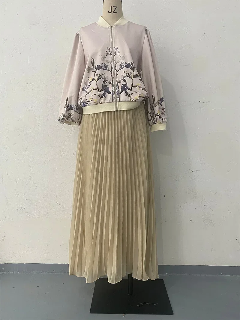 

Ramadan Eid Women Skirt Set Two Piece Zipper Up Jacket With Pleated Skirts Suits Musulman Ensembles Spring Islamic Outfit Set