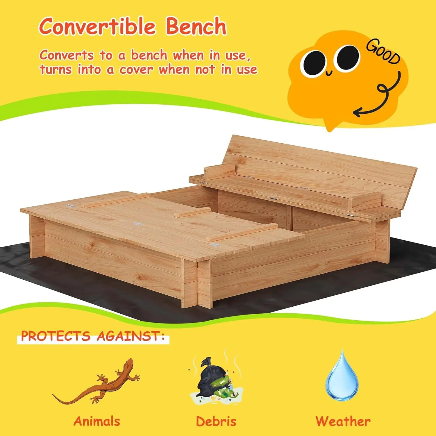 Holz-Sandkasten mit Abdeckung/Deckel, Sandkasten mit 2 Sitzbankn und Bodenfutter, Outdoor-Sandgitter für Kinder/Kleinkinder/Kinder, Perfe