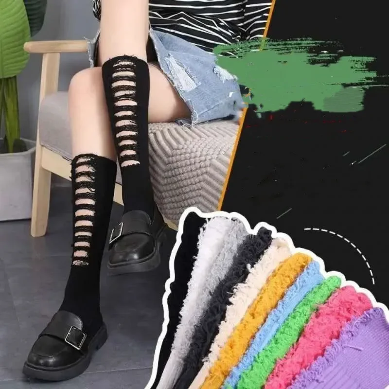 Street art ripped cotton long tube hand cut knitted women\'s street skateboard fashion socks