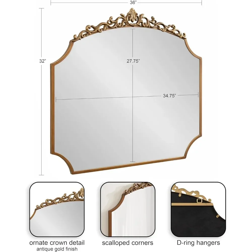 Arendahl Ornate Traditional Arched Scallop Mirror, 36 x 32, Gold, Decorative Baroque Style Scalloped Arch Vintage