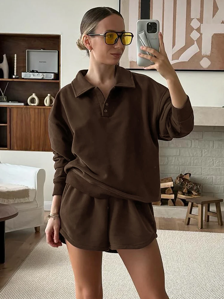 Vintage Brown Knitted Terry Shorts Suits Lapel Sweatshirts Baggy Shorts Autumn Winter Two Pieces Sets 2024 Female Outfits Office