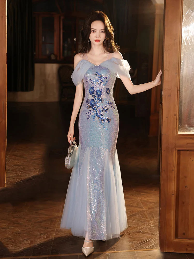 

Blue Sequin One oulder Evening Gown Luxury Sexy Long Dr Adult Wedding Par Performance Faionable Ele Evening Dr
