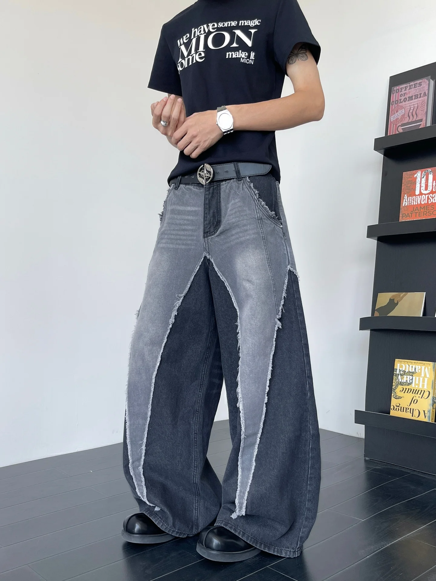 

American Retro Torn Blade Jeans Men's Heavy Duty Deconstructed Patchwork High Street Punk Loose Scythe Wide Leg Long Pants