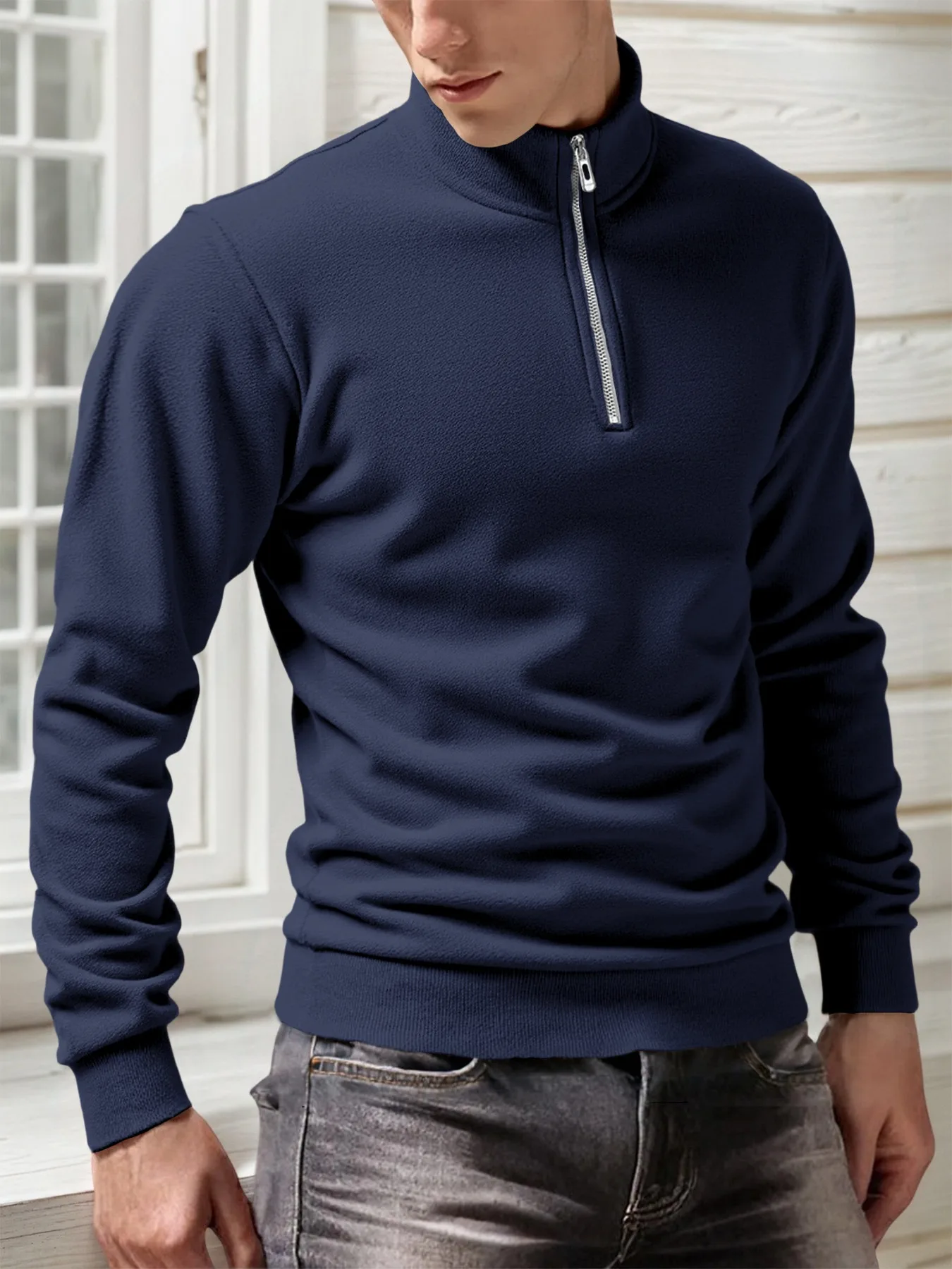 2025 الرجال بلوزات الصوف عادية بلايز نصف سستة الوقوف طوق البلوز الدافئة اليومية الأساسية فضفاضة طويلة الأكمام بلوزات #3