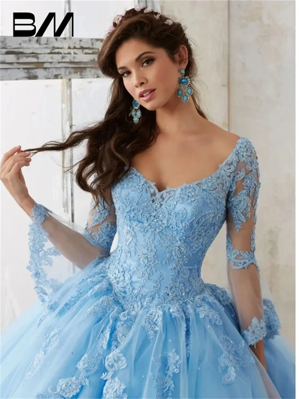 Vestido De baile azul cielo De manga larga, Vestidos De quinceañera, cuello en V, apliques De encaje, baile De graduación largo dulce 16, Vestidos De quinceañera