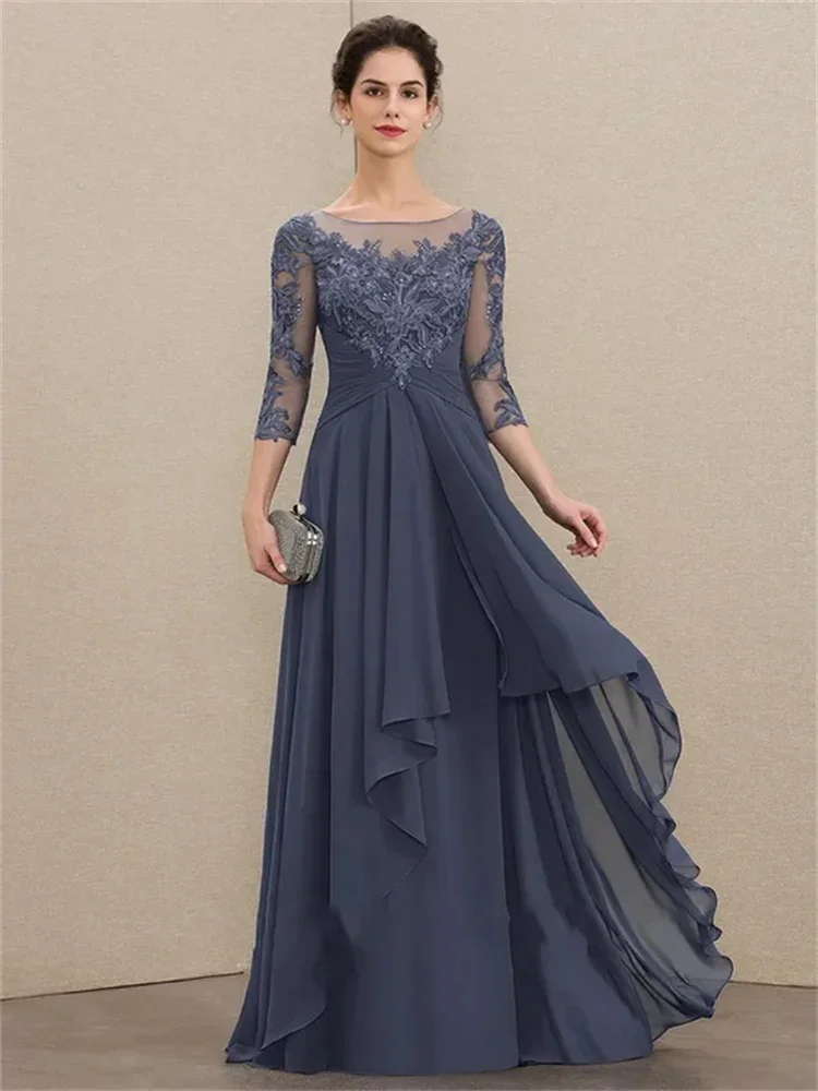 

O Neck Floor Length Mother of the Bride Luxury Wedding Dress Half Sleeves Evening Party Dress Chiffon Applique Lace Prom Gowns