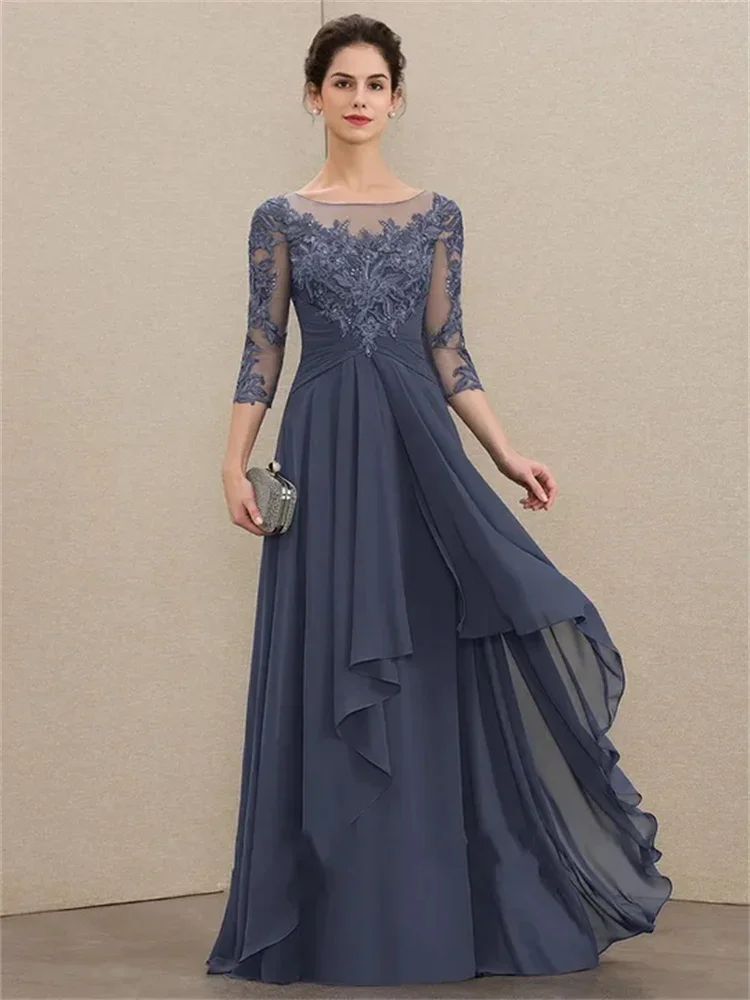 O Neck Floor Length Mother of the Bride Luxury Wedding Dress Half Sleeves Evening Party Dress Chiffon Applique Lace Prom Gowns