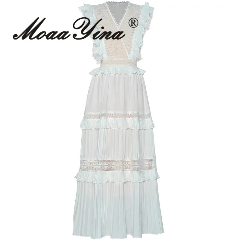 

MoaaYina V-Neck Sleeveless Ruffle Edge Hollow Lace Waist Cinched Pleated Princess Style Long Dress 2025 Summer New