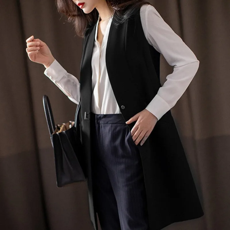 Imagem -03 - Colete Longo Slim Fit Feminino Colete Preto e Azul Blazer Feminino Cabolsa de Escritório Jaqueta sem Mangas Cabolsas Primavera Outono 5108