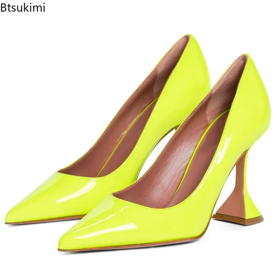 

Женские туфли-лодочки на высоком каблуке, неоново-зеленые туфли-лодочки из лакированной кожи, женские туфли на каблуке с острым носком, женская обувь 34–46 большого размера