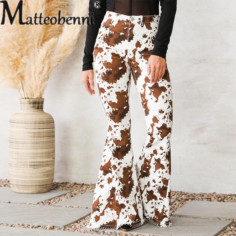 

Fashion Brown White Bottom Printed High Waist Flared Jeans Women Daily Comfortable Casual Trousers Ladies Denim Pants Streetwear