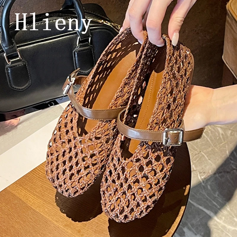Hlieny Summer Weave Hollow Out Mesh Flats Women Fashion Round Toe Buckle Strap Loafers Ladies Casual Mary Jane Shoe Mules Sandal
