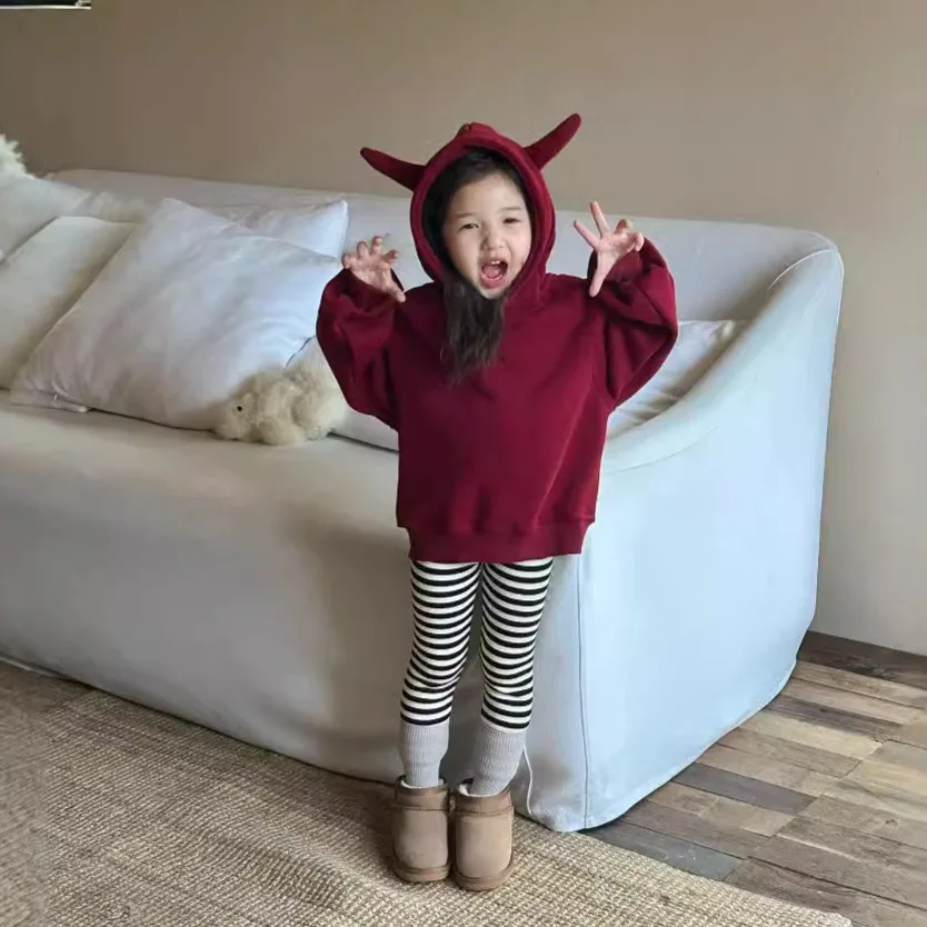 Girls Hoodie 2024 New Winter Childrens Clothing Korean Style Girl Baby Love Plus Cashmere Thickened Little Devil Hoodie Casual