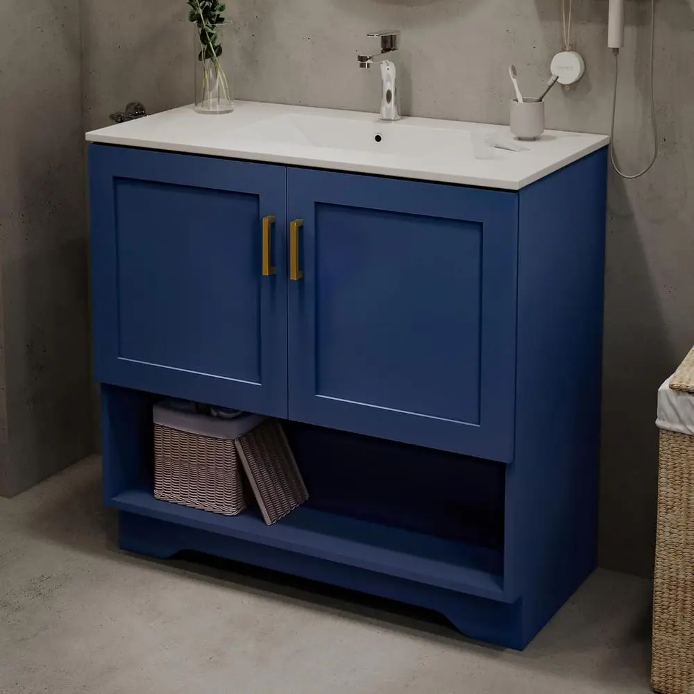 

Contemporary 36 White Freestanding Bathroom Vanity with Ceramic Sink, 2 Soft-Close Doors & Open Shelf for Compact Spaces (Blue)