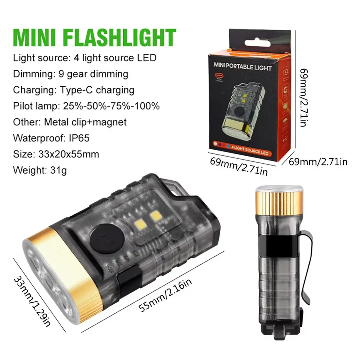 

Multifunction Dimming Flashlight Keychain Waterproof Usb Leb Rechargeable With Magnet Clip On For Runners Pocket Portable Bright