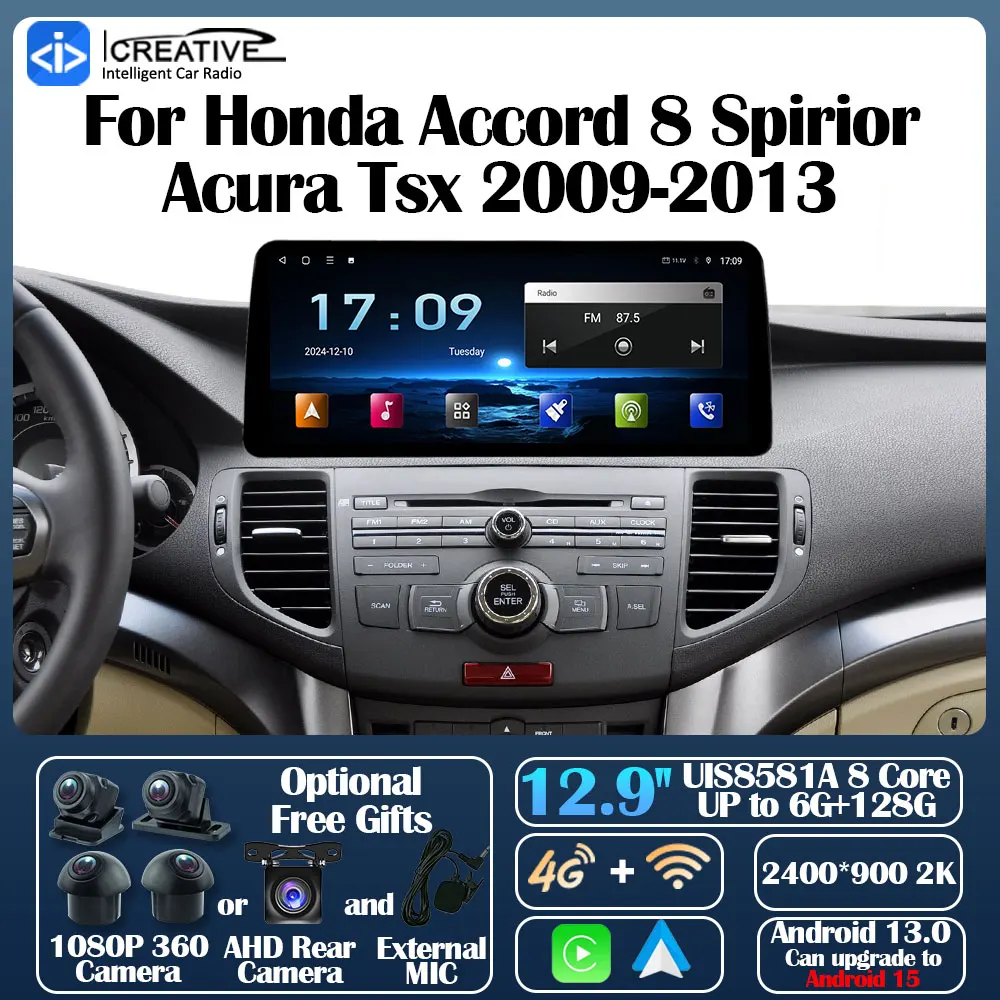 Car Radio For Honda Accord 8 Spirior Acura Tsx 2009-2013 Android 13 12.9inch Carplay Auto GPS Navi  Multimedia Player Stereo 5G