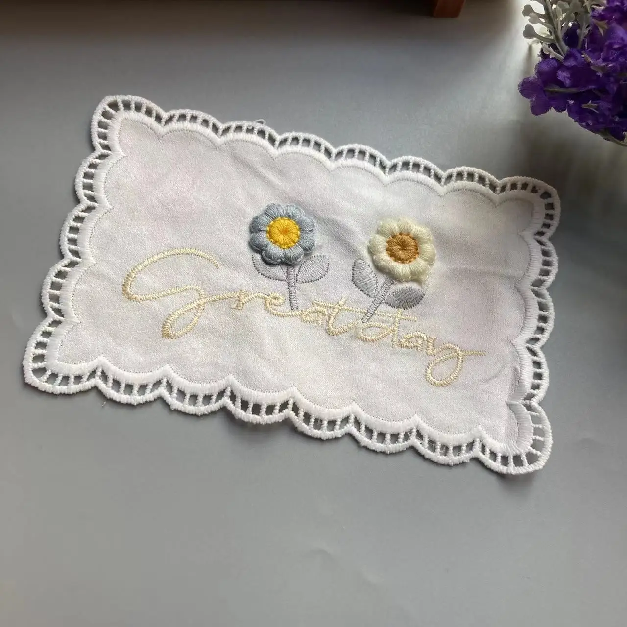 2PCS Lace Embroidery Cloth Stick Love Heart Flowers White Lace Dust Cover Towel Cotton Thread Placemat Stereo Sofa Cushion Lace