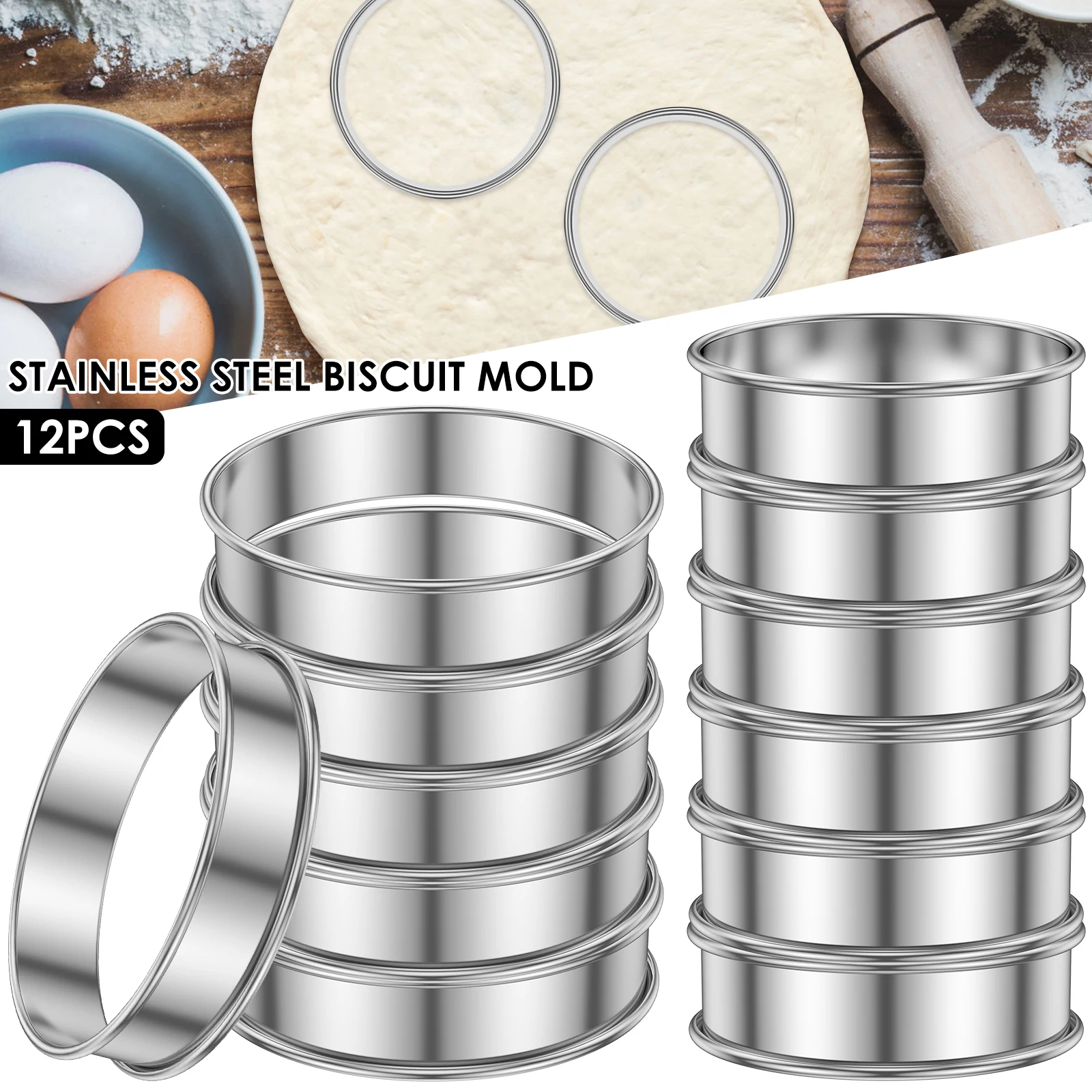12Pcs Crumpet Rings Muffin Rings Stainless Steel Nonstick Round Molds for Cake Cookie Cooking Baking Kitchen Tools 8/10CM