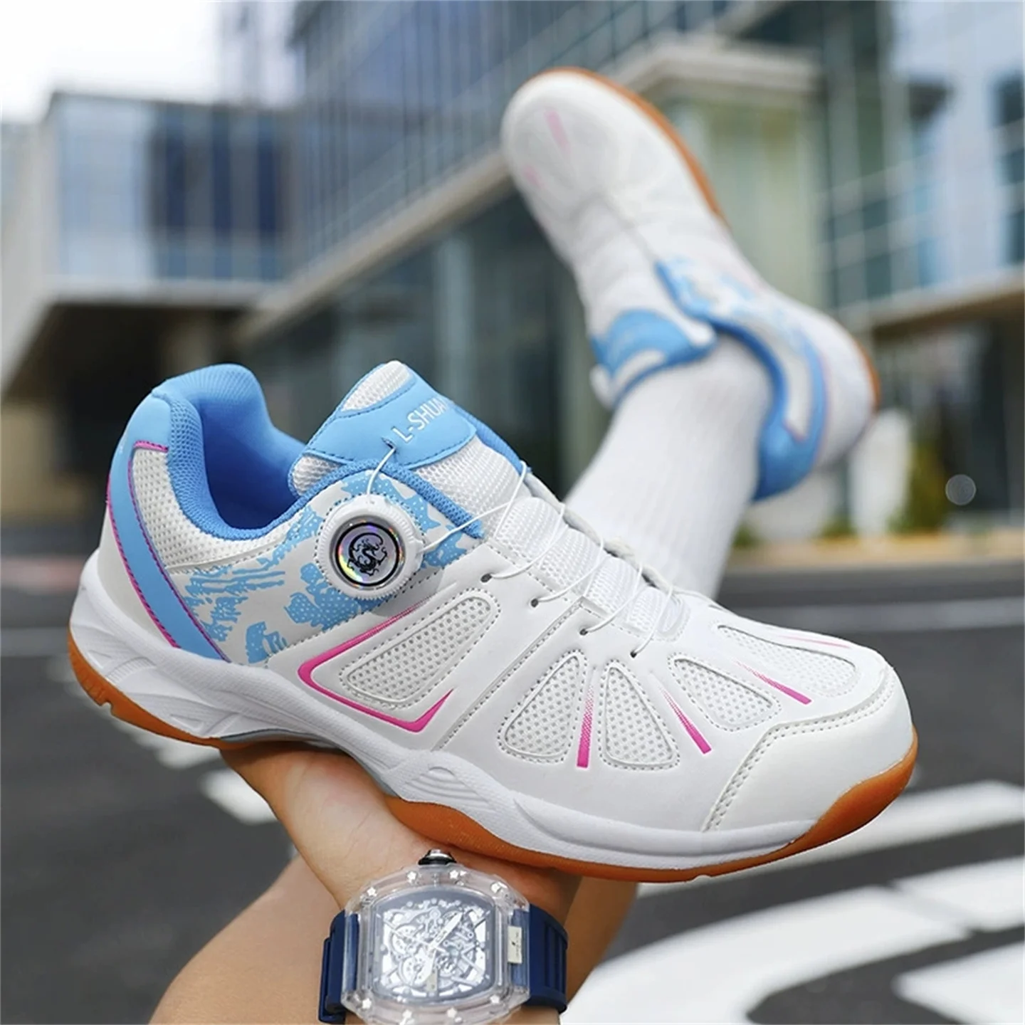 Men's Tennis/Badminton/Pickleball Shoes - Rotation Buckle Lace-Free Design, Light-Elastic Cushion Sole, Training Sneakers