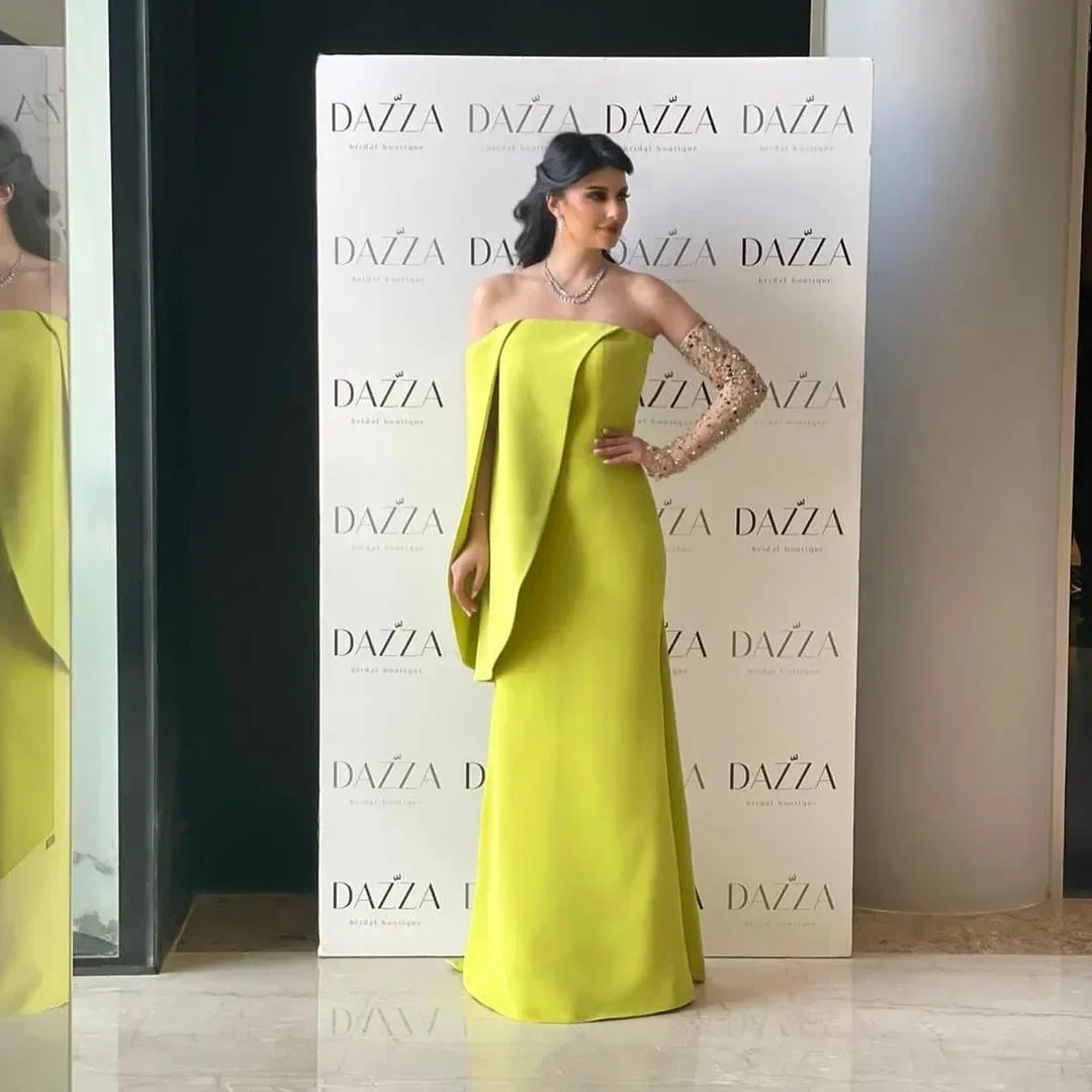 

Floor Length Satin Crystal Saudi Arabia Prom Dresses Yellow Green Modern Boat Neck Strapless Evening Dress Customized