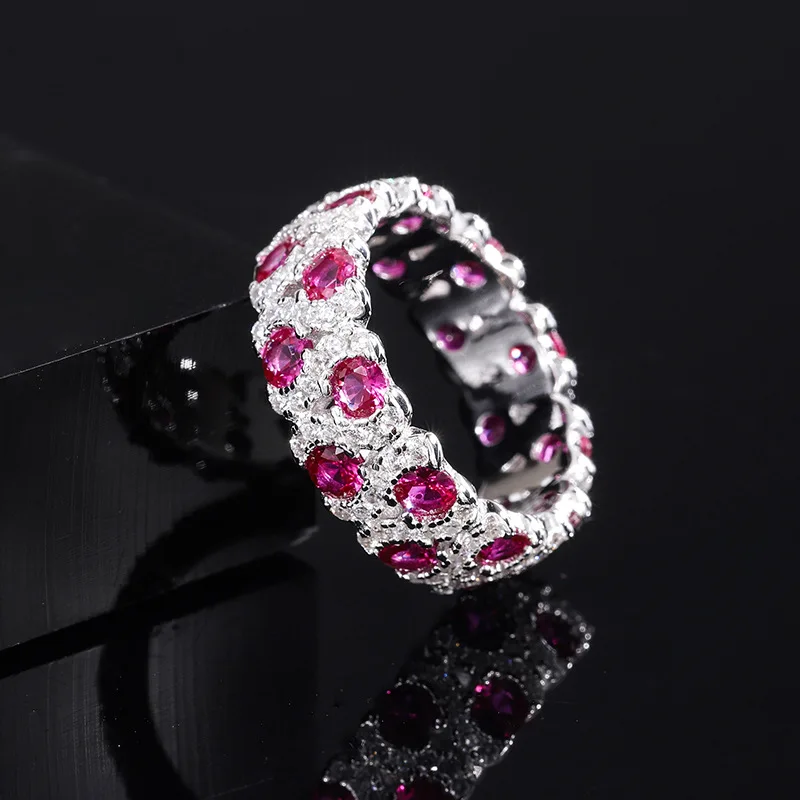 The New S925 Full Body Silver Red Treasure Handmade Diamond Arranged Closed Ring Fashion Simple Style