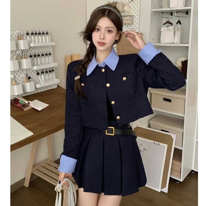 Women Spring Autumn Preppy Blazers Mini skirt Two Piece Set Korean Lady Patchwork Short Jackets Pleated Dress Outfit Blue Suit