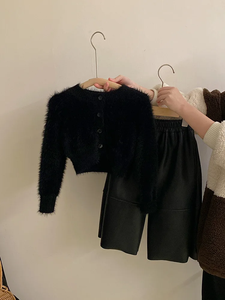 

Elegant Faux Mink Velvet Soft Sweater Cardigan Autumn Winter New Fleece Warm Leather Pants Stylish Set