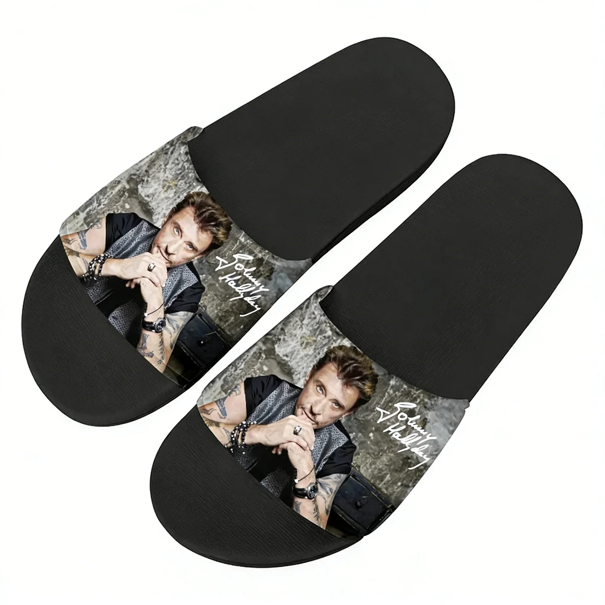 

Johnny Hallyday Slippers Man Woman Boy Girl Tailor Made Slides Sandals Photo Text Customized Bath Shoes Water Shoe Black