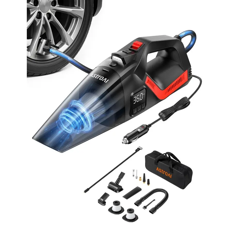 4in1 Car Vacuum Cleaner and Tire Inflator Portable with Accessories Air Compressor Digital Dual Values Display, 150 PSI Car Tire