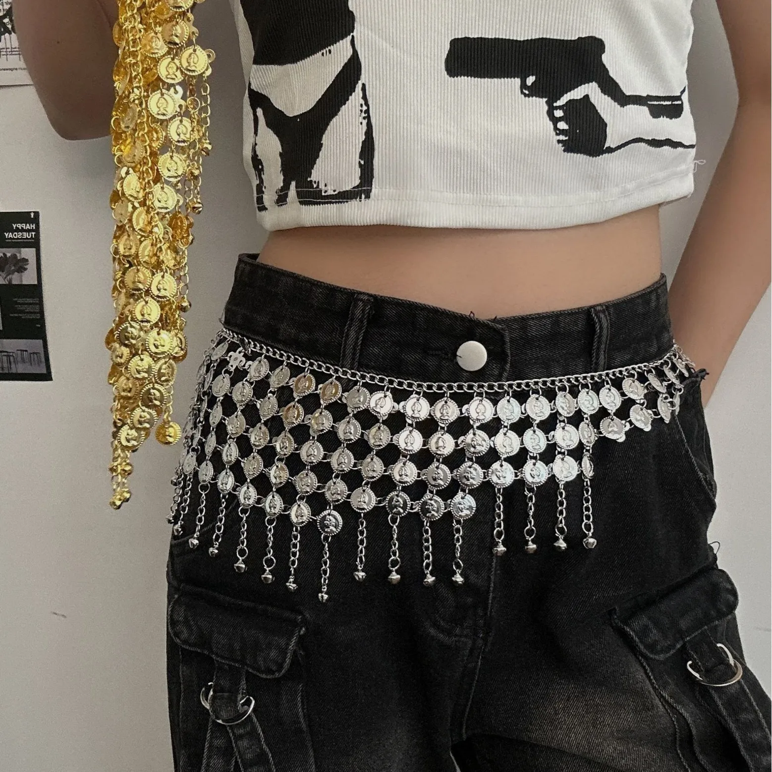 

Y2K поясная цепочка-пояс с бахромой для монет, сексуальные этнические украшения для танцевальной вечеринки, художественная цепочка для тела для танца живота