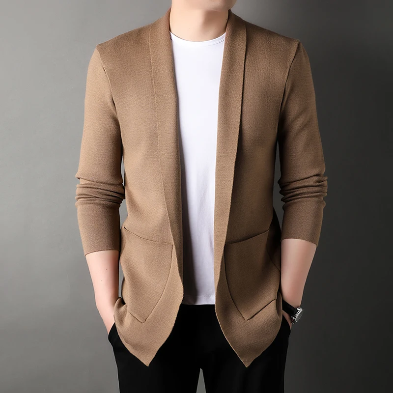 Men's Long Cardigan 2023 Long Sleeved Pocket Design Hot Selling Simple Solid Color Knitted Cardigan