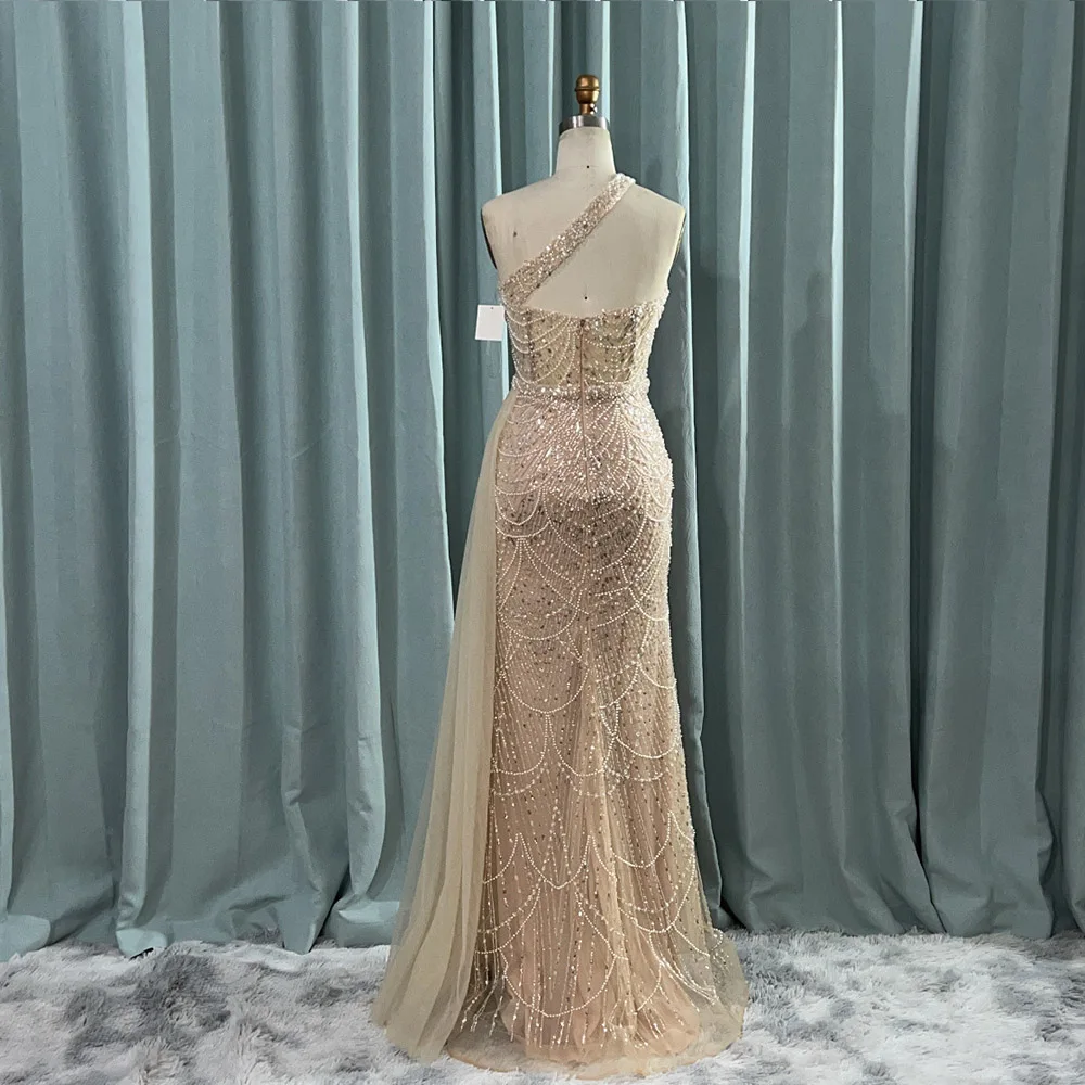 YQLNNE One Shoulder Nude Evening Dress Long Mermaid Tulle Pearls Beaded Formal Prom Party Gown