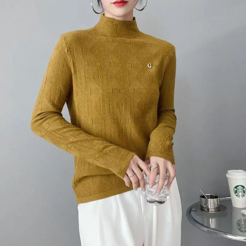 Female Clothing Solid Color Basic T-shirt Casual Half High Collar Autumn Winter Commute Stylish Jacquard Weave Knitted Pullovers