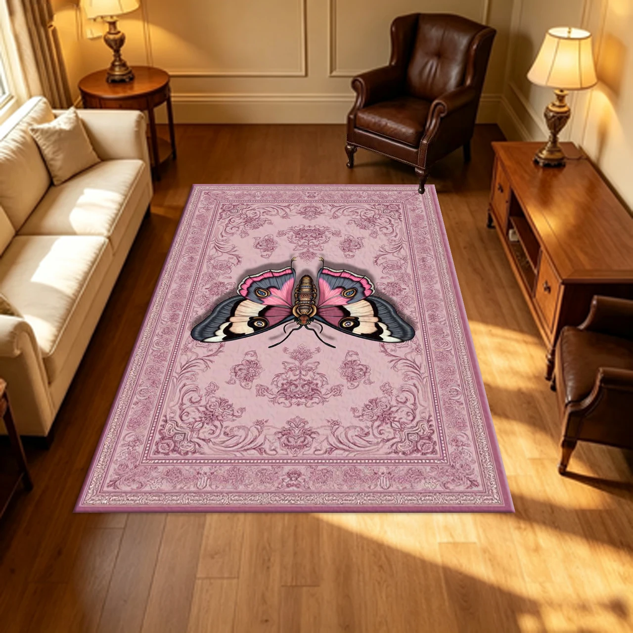 Elegant Retro Moth Butterfly Carpet Flooring Pink Ornate Floral Border Household Bedroom Indoor Decor Large Floor Area Rug